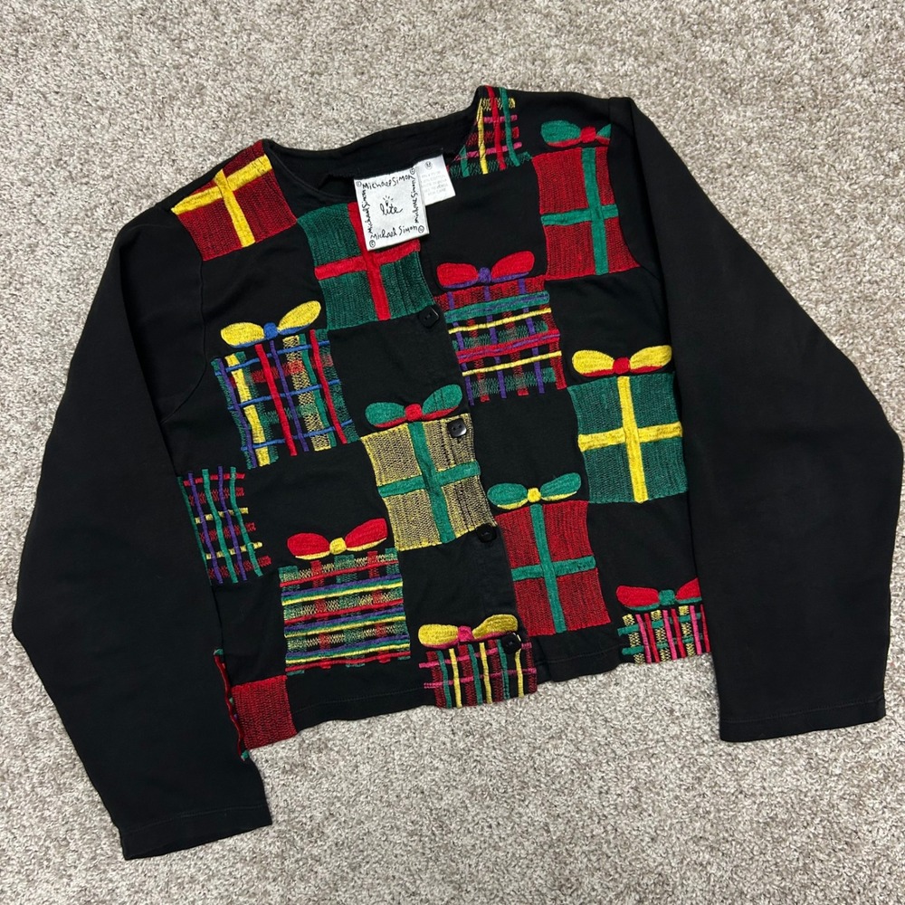 Vintage Michael Simon Lite Cropped‎ Christmas Presents Cardigan Women Medium